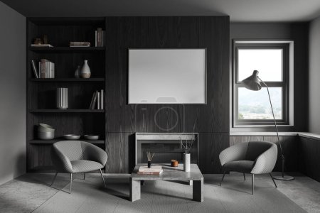 Photo for Interior of stylish living room with gray walls, comfrotable armchairs, coffee table and horizontal mock up poster hanging above fireplace. 3d rendering - Royalty Free Image