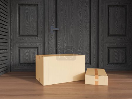 Photo for Two closed cardboard boxes at the black wooden house front door, parcels hardwood floor. Concept of home delivery, courier and order. Mock up copy space. 3D rendering illustration - Royalty Free Image