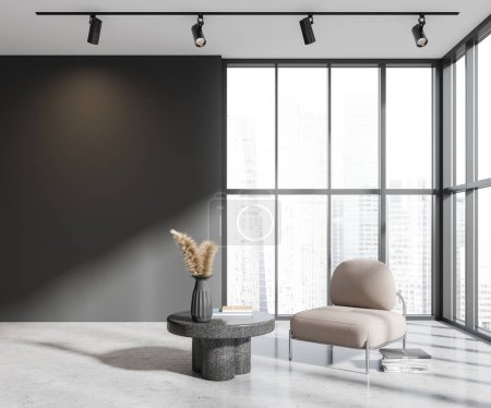 Foto de Interior de la sala de estar casa oscura con sillón suave y mesa de centro, piso de hormigón gris. Ventana panorámica en rascacielos, lugar de relax con simulacro de pared gris vacía. Renderizado 3D - Imagen libre de derechos