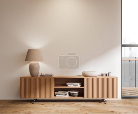 Foto de Interior de la moderna sala de estar con paredes blancas, suelo de madera, vestidor de madera con lámpara de pie en él y se burlan de la pared. renderizado 3d - Imagen libre de derechos
