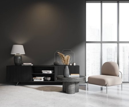 Interior de la elegante sala de estar con paredes grises, suelo de hormigón, vestidor de madera oscura con lámpara de pie en él, acogedor sillón gris y se burlan de la pared. renderizado 3d