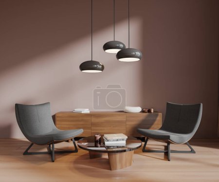 Photo for Interior of stylish living room with beige walls, wooden floor, two cozy gray armchairs standing near round coffee table and wooden dresser. 3d rendering - Royalty Free Image
