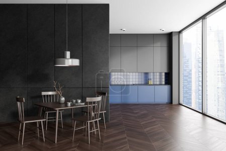 Photo for Grey and blue home kitchen interior with dining zone behind partition, panoramic window on skyscrapers. Modern cooking and eating space with hardwood floor. 3D rendering - Royalty Free Image