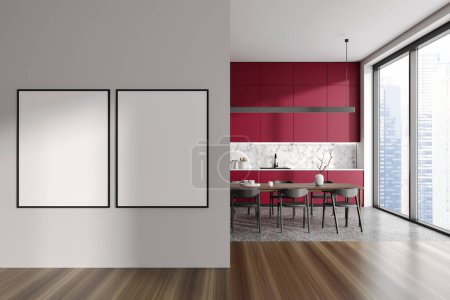 Photo for Interior of stylish kitchen with white walls, red cabinets, long dining table with chairs and two vertical mock up posters on the left. 3d rendering - Royalty Free Image
