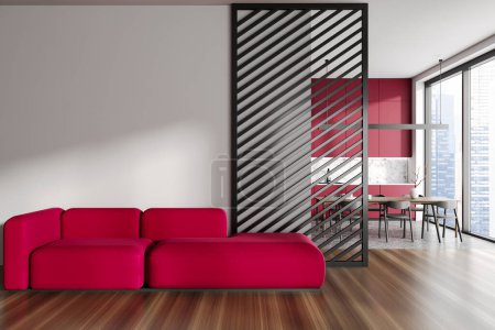 Foto de Interior de la elegante cocina con paredes blancas, armarios rojos, mesa de comedor con sillas y sala de estar con acogedor sofá rojo en primer plano. renderizado 3d - Imagen libre de derechos