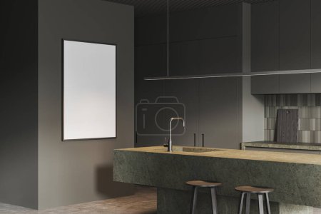 Photo for Dark home kitchen interior with stone bar island and stool, side view grey concrete floor. Cooking corner with mock up canvas poster on wall. 3D rendering - Royalty Free Image