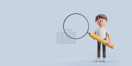 Photo for 3d rendering. Cartoon character man holding a large magnifying glass, empty copy space background. Concept of information, analysis and job search illustration - Royalty Free Image