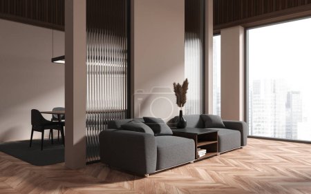 Téléchargez les photos : Cozy salon intérieur avec deux fauteuils, vue latérale plancher de bois franc. Table à manger avec chaises, coin détente avec fenêtre panoramique sur les gratte-ciel. rendu 3D - en image libre de droit