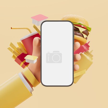 Photo for Hand of cartoon man holding smartphone with mock up screen with burger, French fries and drinks over yellow background. Concept of food delivery app. 3d rendering - Royalty Free Image