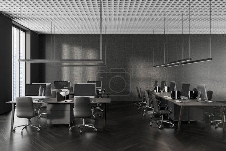 Photo for Grey modern office interior with armchairs and pc computer on work desk in row, black hardwood floor. Business coworking room with panoramic window on skyscrapers. 3D rendering - Royalty Free Image