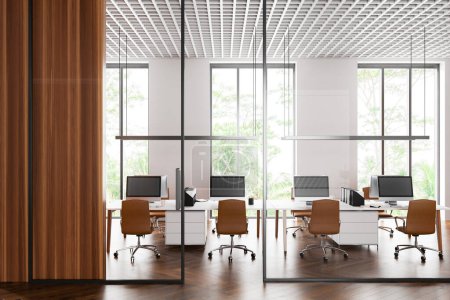 Photo for Hall of stylish open space office with white and glass walls, dark wooden floor, row of computer tables with brown chairs. 3d rendering - Royalty Free Image