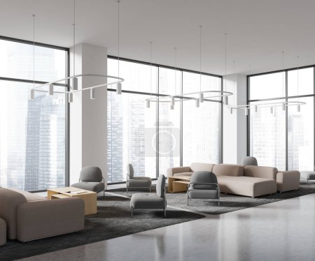 Photo for Corner of modern office waiting room with white walls, concrete floor, comfortable armchairs and couches standing near yellow tables. Panoramic windows with cityscape. 3d rendering - Royalty Free Image