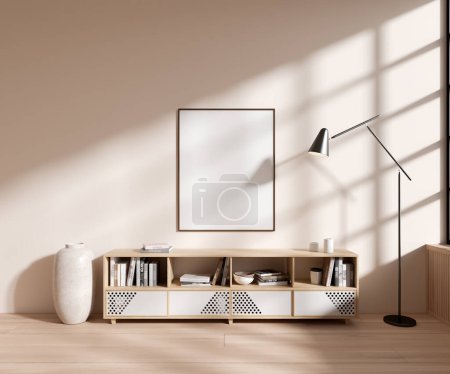 Téléchargez les photos : Intérieur du salon moderne avec des murs beiges, sol en bois, commode blanche confortable et affiche maquette verticale suspendue au-dessus. Rendu 3d - en image libre de droit