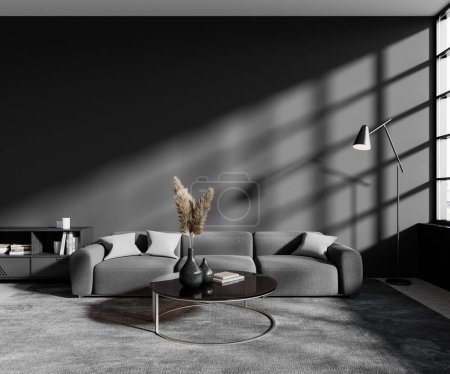 Photo for Dark relaxing interior with sofa and coffee table with decoration, carpet on grey concrete floor. Mock up copy space empty wall and shadow from window. 3D rendering - Royalty Free Image