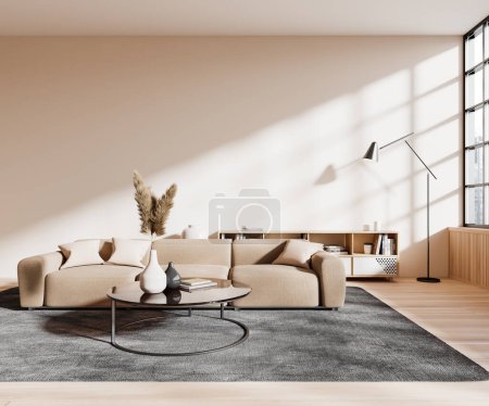Photo for Interior of modern living room with beige walls, wooden floor, comfortable beige couch and round coffee table standing on the carpet. 3d rendering - Royalty Free Image