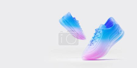 Foto de Vista de elegantes zapatos deportivos azules y rosados sobre fondo gris. Concepto de deporte y estilo de vida activo. Prepárate. renderizado 3d - Imagen libre de derechos