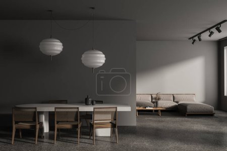 Photo for Dark living room interior with dinner table, relaxing area with sofa behind partition. Modern home apartment design with minimalist furniture. 3D rendering - Royalty Free Image