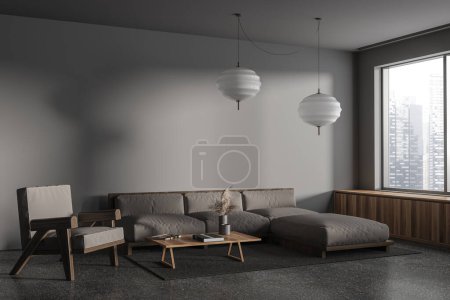 Photo for Dark home living room interior with sofa and armchair, side view wooden sideboard and coffee table with decor. Relaxing corner with panoramic window on city view. 3D rendering - Royalty Free Image