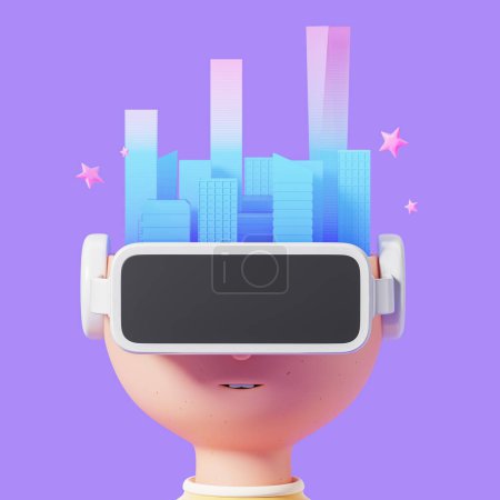 3d rendering. Cartoon character man portrait in vr headset, city buildings and stars on purple background. Concept of living in virtual world and futuristic technology illustration