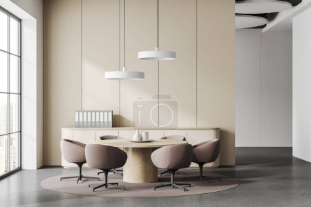 Interior de la moderna sala de reuniones de oficina con paredes blancas y amarillas, suelo de hormigón, mesa redonda y sillas marrones. renderizado 3d