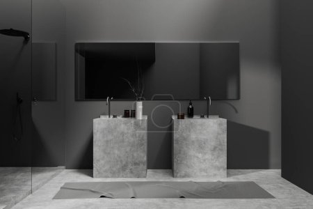 Téléchargez les photos : Intérieur salle de bain sombre avec double lavabo et grand miroir, serviette de pieds sur sol en béton gris. Douche et accessoires d'hôtel avec décoration. rendu 3D - en image libre de droit