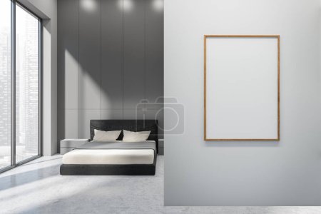 Photo for Hotel bedroom interior with bed and nightstand on grey concrete floor. Panoramic window on Singapore city view. Mockup copy space poster, 3D rendering - Royalty Free Image