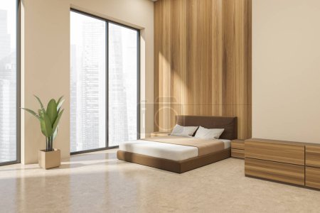 Photo for Hotel bedroom interior bed with drawer, side view, beige concrete floor. Panoramic window on Singapore skyscrapers. Copy space empty wooden wall. 3D rendering - Royalty Free Image
