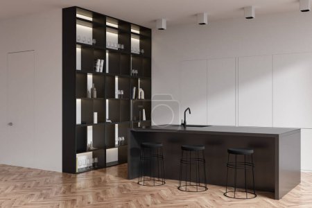 Foto de Interior de la cocina blanca con isla bar con fregadero y sillas, vista lateral, armario con gafas y decoración, puerta invisible y suelo de madera. Renderizado 3D - Imagen libre de derechos