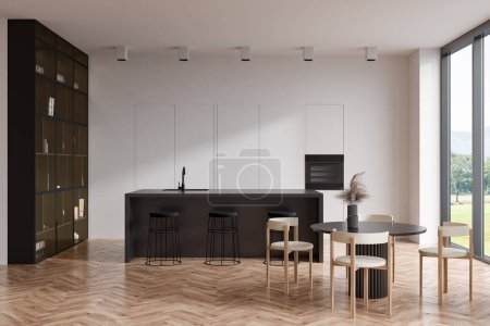 Photo for Front view on bright kitchen room interior with island, cupboard, barstools, white wall, hardwood floor, dining table, panoramic window, shelves, oven, Concept of minimalist design. 3d rendering - Royalty Free Image