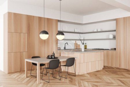 Photo for White dining interior with island, table and chairs on hardwood floor, side view. Modern kitchen with corner shelf and kitchenware. 3D rendering - Royalty Free Image