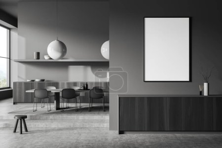 Photo for Dark office interior with chairs and board on podium, panoramic window on countryside. Office hall with dresser before entrance. Mockup canvas poster. 3D rendering - Royalty Free Image