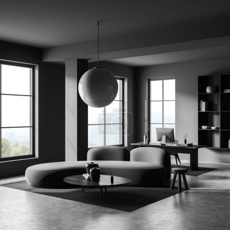 Photo for Dark workplace interior with sofa and coffee table, pc computer on desk, side view, grey concrete floor. Shelf with art decoration, panoramic window on countryside view. 3D rendering - Royalty Free Image