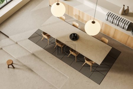 Top view of beige office interior with chairs and board, carpet on light concrete podium, stairs. Modern business room with sideboard, documents and window. 3D rendering