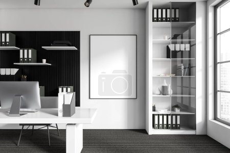 Photo for White ceo room interior with pc computer on desk. Cabinet and shelf with documents and decoration. Panoramic window on city view. Mockup poster in row. 3D rendering - Royalty Free Image