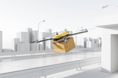 Téléchargez les photos : Drone Quadrocopter volant sur une autoroute. bot autonome intelligent moderne pour la livraison ou les commandes, abstrait grande ville. Espace de copie de maquette. rendu 3D - en image libre de droit