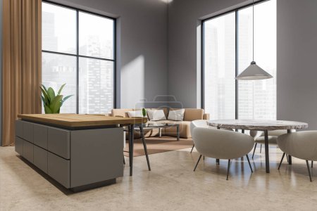 Photo for Brown studio interior with bar island, side view, dining table with chairs and sofa in the corner, beige concrete floor. Panoramic window on Singapore city view. 3D rendering - Royalty Free Image
