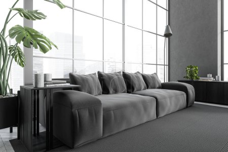 Photo for Dark living room interior with dark sofa, side view, coffee table and drawer with decoration on grey hardwood floor. Modern chill zone with panoramic window on Singapore city view. 3D rendering - Royalty Free Image