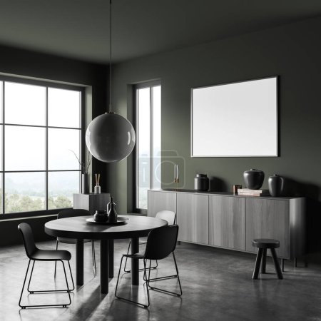 Photo for Green living room interior with chairs and dining table, side view, drawer with decoration on grey concrete floor. Panoramic window on countryside. Mock up blank poster. 3D rendering - Royalty Free Image