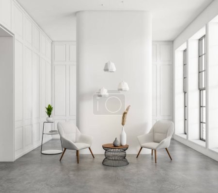 Photo for White relax room interior with two armchairs, coffee table and stand with decoration, grey concrete floor. Panoramic window on city view. 3D rendering - Royalty Free Image