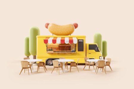 Foto de Camión amarillo de comida callejera con hot dog en una azotea, sillón con mesa. Área de cocción y alimentación, furgoneta amarilla aislada sobre fondo beige. Concepto de comida en el parque. Renderizado 3D - Imagen libre de derechos