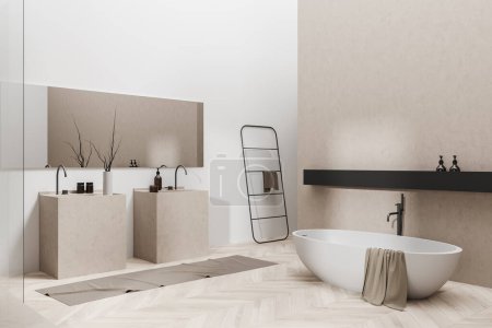 Téléchargez les photos : Intérieur de salle de bain beige avec double lavabo et baignoire, vue latérale, parquet. Zone de lavage minimaliste avec accessoires et serviette de pieds. Maquette de mur d'espace de copie. rendu 3D - en image libre de droit