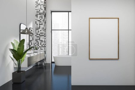 Photo for Hotel bathroom interior with bathtub and double sink, plant on black concrete floor. Panoramic window on Singapore city view. Mock up poster. 3D rendering - Royalty Free Image