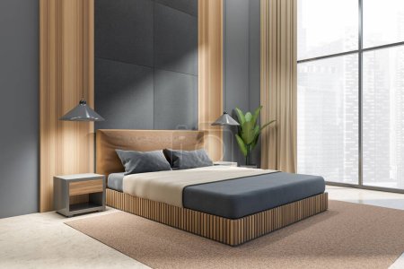 Photo for Corner view on dark bedroom interior with bed, panoramic window with Singapore city skyscrapers, grey walls, carpet, concrete floor. Concept of minimalist design. Space for creative idea. 3d rendering - Royalty Free Image