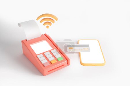 Photo for POS terminal with wifi, smartphone blank screen and credit card. Concept of contactless payment and wireless transaction. Mockup copy space. 3D rendering - Royalty Free Image
