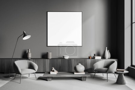 Photo for Dark living room interior two armchairs and coffee table on carpet, dresser with modern decoration on grey concrete floor. Mock up blank poster. 3D rendering - Royalty Free Image