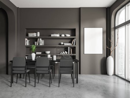 Photo for Dark living room interior with chairs and dining table on grey concrete floor, shelf with art decoration. Panoramic window on city view. Mock up copy space poster, 3D rendering - Royalty Free Image