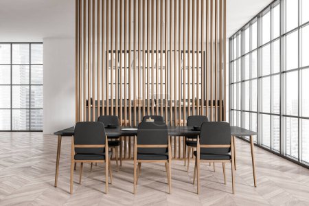 Photo for Dark kitchen interior with chairs and dining table on hardwood floor. Kitchenware and bar island with seats behind partition, panoramic window on Singapore city view. 3D rendering - Royalty Free Image