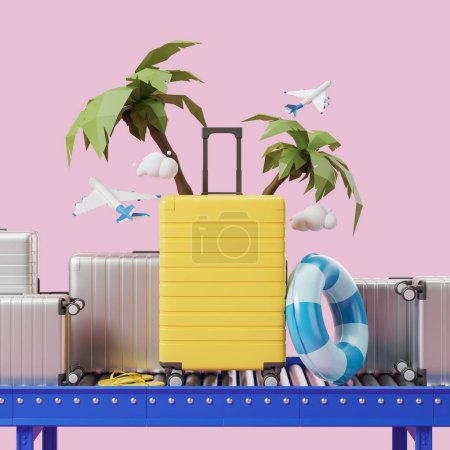 Foto de Maleta de color amarillo brillante entre maletas grises en el cinturón de equipaje del aeropuerto con palmeras y aviones a su alrededor. Concepto de viaje y vacaciones. renderizado 3d - Imagen libre de derechos