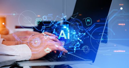 Empresario dedos escribiendo en el teclado del ordenador portátil, holograma AI con chatbot y comunicación en línea, líneas de tecnología y conexión. Concepto de aprendizaje automático y asistente virtual