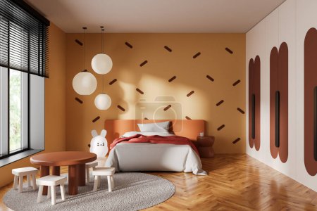 Foto de Interior del moderno dormitorio infantil con paredes naranjas, suelo de madera, cómoda cama naranja y mesa redonda con sillas. renderizado 3d - Imagen libre de derechos